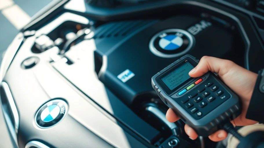 BMW engine bay with diagnostic tool in use