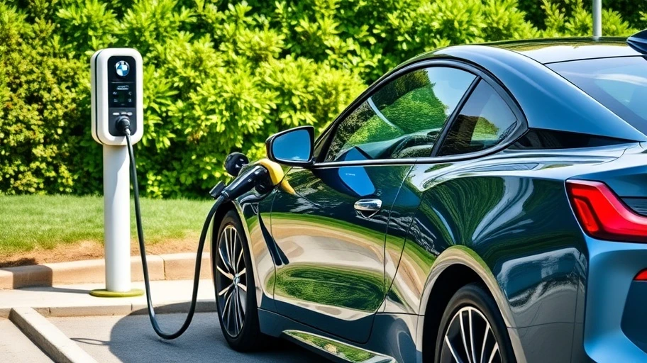 BMW i4 đang sạc tại một trạm sạc, cây xanh xung quanh.